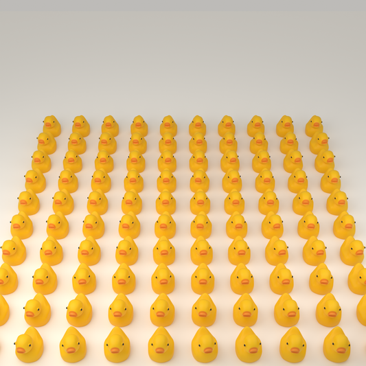 One hundred tiny yellow numbered hunt ducks arranged in a grid