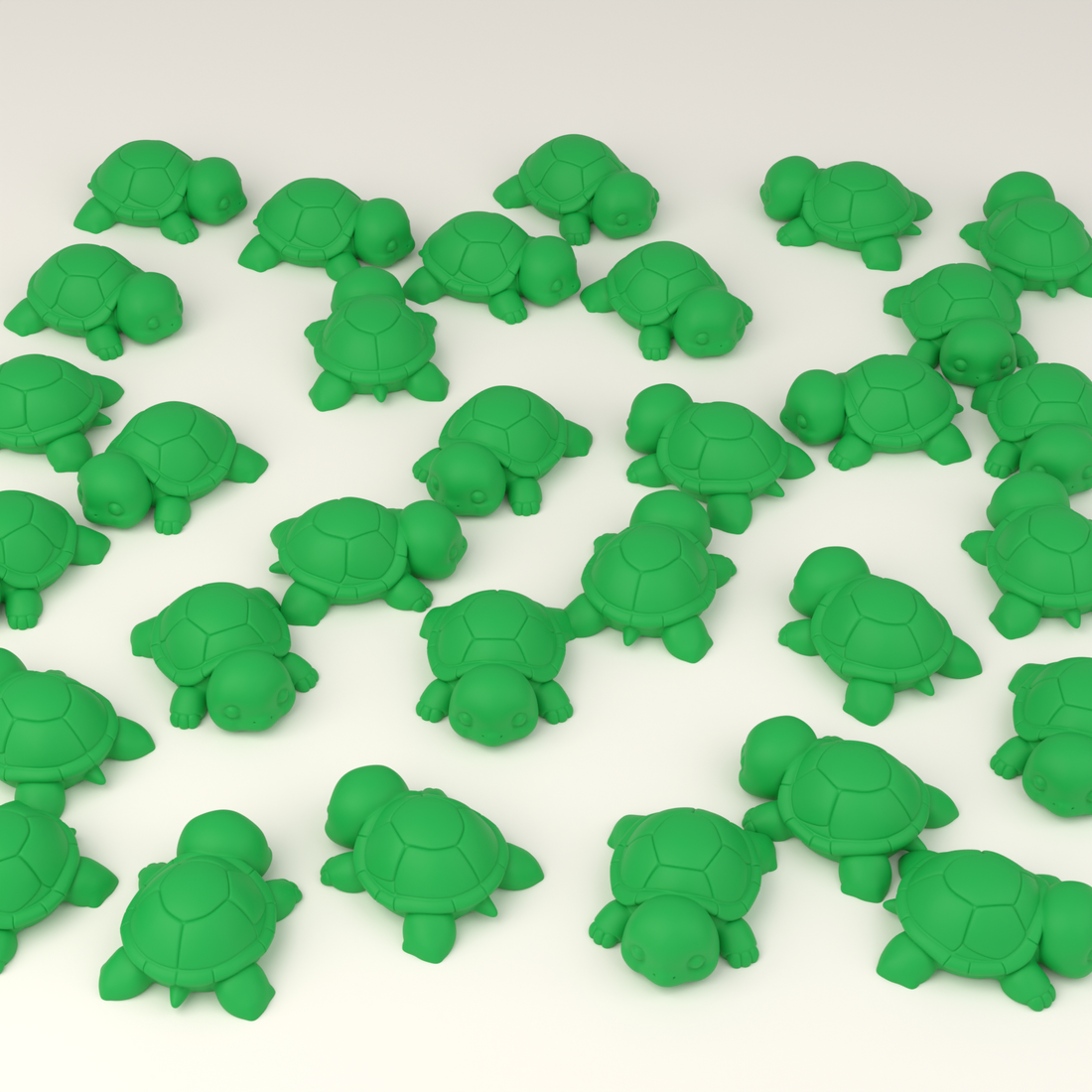 A group of small green 3D-printed hunt turtles for a classroom activity