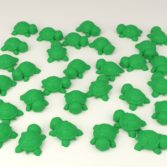A group of small green 3D-printed hunt turtles for a classroom activity