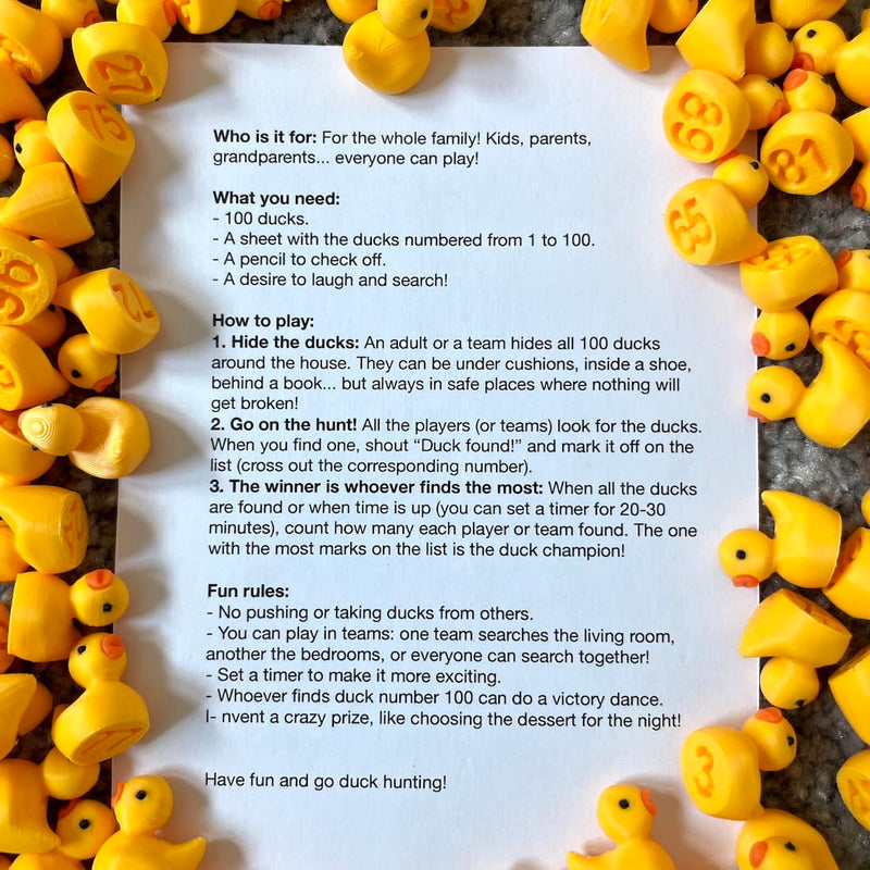 Instruction sheet explaining how to play the duck hunt game, surrounded by small yellow ducks