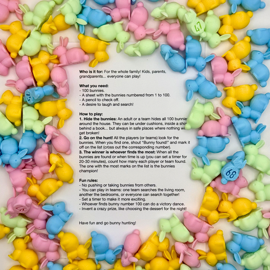 Instruction sheet explaining how to play the bunny hunt game, surrounded by pastel-colored bunnies
