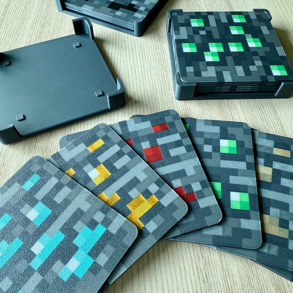 Posavasos de Minecraft — Oro, Redstone, Carbón, Hierro, Esmeralda, Diamante. Con Base de Almacenamiento (Paquetes de 6, 12, 18)