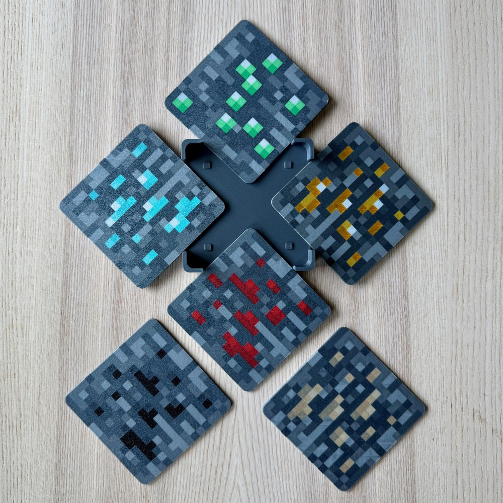 Posavasos de Minecraft — Oro, Redstone, Carbón, Hierro, Esmeralda, Diamante. Con Base de Almacenamiento (Paquetes de 6, 12, 18)