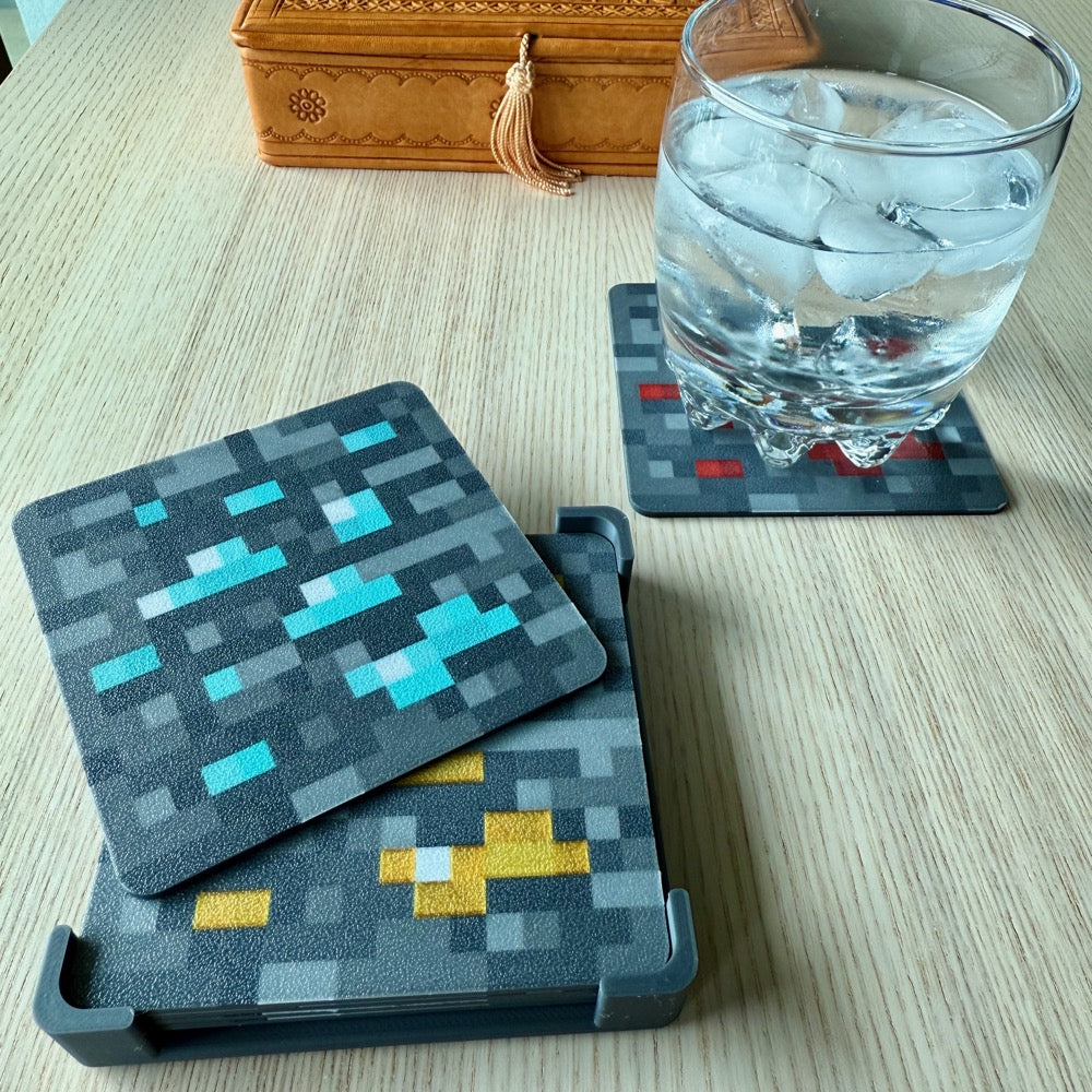 Posavasos de Minecraft — Oro, Redstone, Carbón, Hierro, Esmeralda, Diamante. Con Base de Almacenamiento (Paquetes de 6, 12, 18)