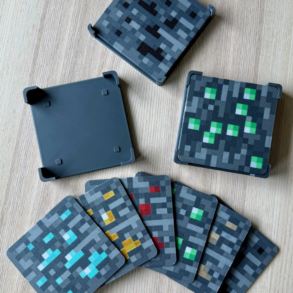 Posavasos de Minecraft — Oro, Redstone, Carbón, Hierro, Esmeralda, Diamante. Con Base de Almacenamiento (Paquetes de 6, 12, 18)