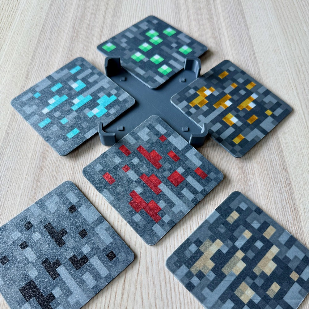 Posavasos de Minecraft — Oro, Redstone, Carbón, Hierro, Esmeralda, Diamante. Con Base de Almacenamiento (Paquetes de 6, 12, 18)