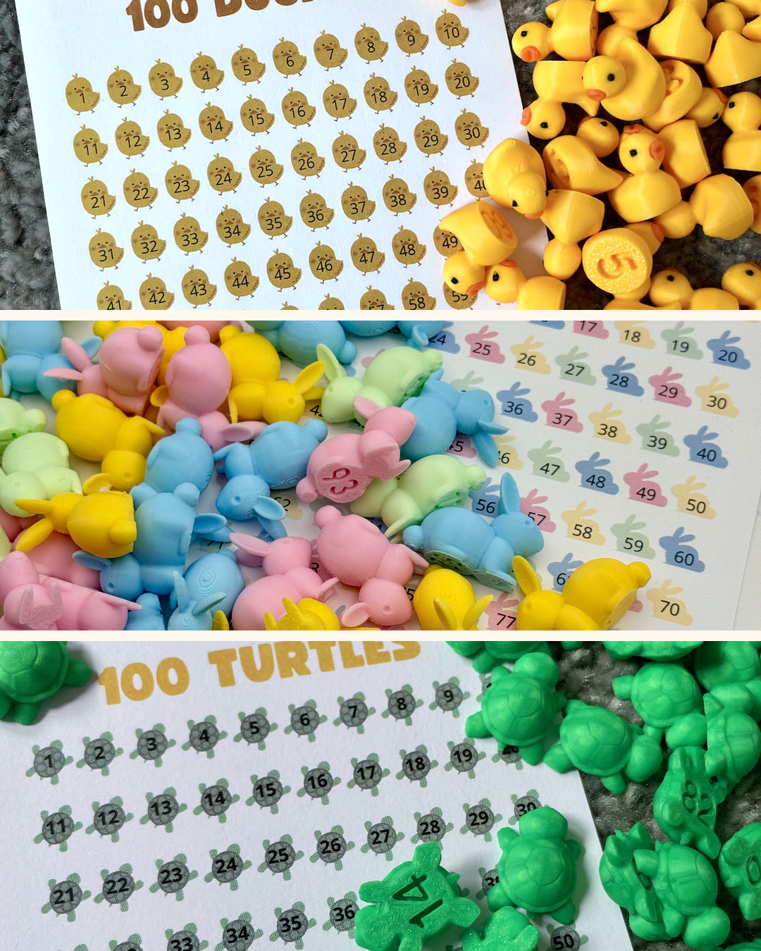 Mega Hunt Pack showing the three sets together: 100 yellow ducks, 100 pastel bunnies and 100 green turtles with their tracking sheets