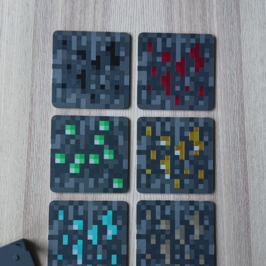 Posavasos de Minecraft — Oro, Redstone, Carbón, Hierro, Esmeralda, Diamante. Con Base de Almacenamiento (Paquetes de 6, 12, 18)